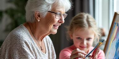 A senior woman and a young girl painting together.