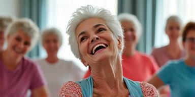 Seniors laughing and stretching in a group yoga class.