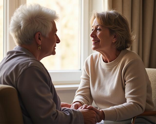 A compassionate caregiver sitting and talking with a senior woman in a comfortable, sunlit room.